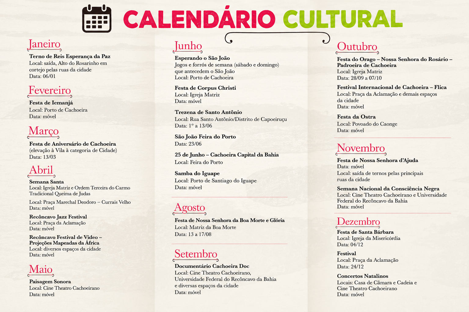 CALENDÁRIO CULTURAL DE CACHOEIRA Bahia  em Cachoeira